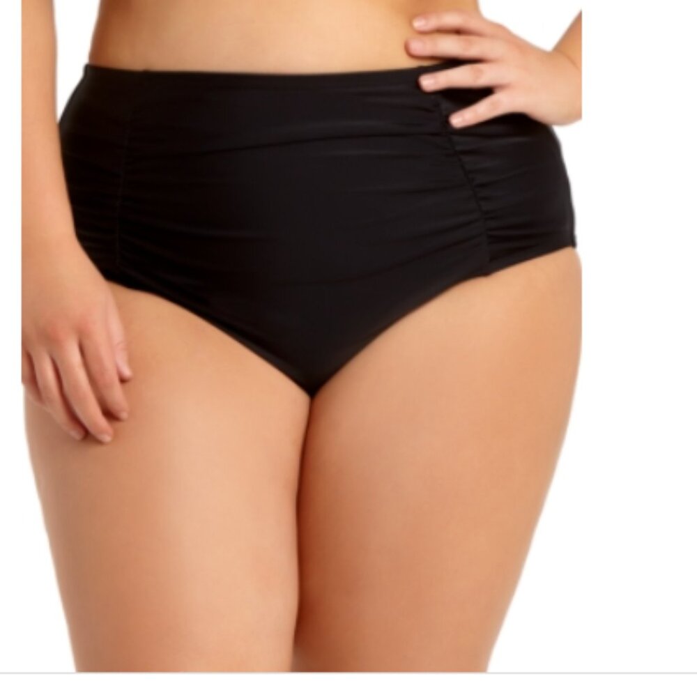 California Waves BLACK Trendy Ruched High-Waist Bikini Swim Bottom, US 2X